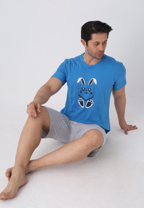 Pijama barbat cu maneca scurta si pantaloni 3/4, culoare albastru , Engros